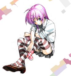 Rule 34 | hakuto (artist), hiro (dismaless), little busters!, panties, pantyshot, purple hair, saigusa haruka, sitting, sleeves rolled up, solo, striped clothes, striped thighhighs, thighhighs, underwear, white panties