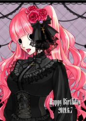 Rule 34 | 1girl, black corset, black dress, black eyes, black ribbon, blunt bangs, co-begi, commentary request, corset, cross, dated, dress, eyelashes, flower, frilled dress, frills, hair flower, hair ornament, hair ribbon, happy birthday, lipstick, long hair, looking at viewer, makeup, one piece, perona, pink flower, pink hair, pink lips, pink rose, ribbon, rose, solo, tongue, tongue out, upper body, wavy hair