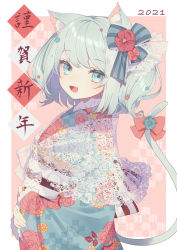 Rule 34 | 1girl, 2021, absurdres, animal ears, blue bow, blue eyes, blue hair, blue nails, bow, cat ears, cat girl, cat tail, fang, floral print, flower, hair bow, hair flower, hair ornament, highres, hinakano h, huge filesize, japanese clothes, kimono, lace, light blue hair, long sleeves, looking at viewer, medium hair, nail polish, open mouth, original, pink bow, shawl, solo, tail, tail bow, tail ornament, translation request, two side up, upper body