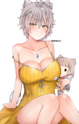 Rule 34 | 1girl, animal ears, breasts, cat ears, character doll, character pin, chest jewel, cleavage, core crystal (xenoblade), cosplay, dress, dress swimsuit, dromarch (xenoblade), facial mark, grey hair, highres, large breasts, meidza d, messy hair, na&#039;el (xenoblade), nia (fancy sundress) (xenoblade), nia (xenoblade), nia (xenoblade) (cosplay), one-piece swimsuit, ribbed swimsuit, short hair, solo, strap slip, sundress, swimsuit, xenoblade chronicles (series), xenoblade chronicles 2, xenoblade chronicles 3, xenoblade chronicles 3: future redeemed, yellow dress, yellow eyes, yellow one-piece swimsuit