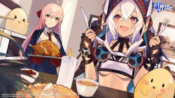 Rule 34 | 2girls, absurdres, ahoge, azur lane, black gloves, blue jacket, blurry, blush, bodypaint, braid, breasts, brown eyes, candle, center opening, cleavage, cloak, closed mouth, commentary, cranberry, crown braid, dark-skinned female, dark skin, depth of field, detached collar, english commentary, eyelashes, facepaint, fingerless gloves, food, fork, gloves, gravy, hair between eyes, highres, holding, holding fork, holding knife, hood, hooded cloak, indoors, jacket, knife, logo, long hair, manjuu (azur lane), medium breasts, minneapolis (azur lane), multiple girls, necktie, open mouth, oven mitts, pie, pink hair, portrait (object), pumpkin pie, quincy (azur lane), red eyes, red neckwear, saika ryougi, shirt, smile, sparkle, straight hair, thanksgiving, turkey (food), underboob, whipped cream, white hair, white shirt, wing collar