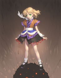 Rule 34 | 1girl, arm warmers, bad id, bad pixiv id, blonde hair, female focus, green eyes, mary janes, mizuhashi parsee, pointy ears, sano toshihide, scarf, shoes, short hair, solo, sweatdrop, touhou, white legwear
