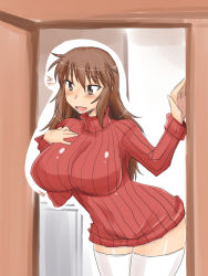 Rule 34 | 1girl, bach, breasts, brown eyes, brown hair, curvy, female focus, huge breasts, leaning forward, long hair, miniskirt, open mouth, original, ribbed sweater, sketch, skirt, solo, standing, sweater, thighhighs, white thighhighs