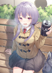 Rule 34 | 1girl, :d, alexmaster, bag, bench, black skirt, breasts, breath, brown coat, brown jacket, can, canned coffee, coat, collared shirt, commentary request, day, diagonal-striped clothes, diagonal-striped necktie, diagonal-striped neckwear, drink can, duffel coat, hand up, holding, holding can, jacket, long hair, long sleeves, looking at viewer, low twintails, mask, mask pull, miniskirt, mouth mask, necktie, on bench, open mouth, original, outdoors, park bench, pleated skirt, purple eyes, purple hair, red necktie, school bag, shirt, sitting, skirt, small breasts, smile, solo, striped clothes, striped necktie, striped neckwear, surgical mask, twintails, undershirt, white shirt, winter