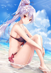 Rule 34 | 1girl, barefoot, bikini, bird, black bikini, bow, breasts, closed mouth, cloud, cloudy sky, collarbone, day, dutch angle, fate/grand order, fate (series), flower, hair flower, hair ornament, light rays, long hair, medium breasts, navel, partially submerged, ponytail, red eyes, rong yi tan, seagull, shore, silver hair, sitting, sky, smile, solo, swimsuit, tomoe gozen (fate), very long hair