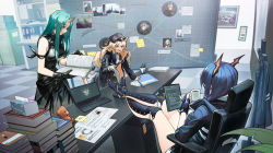Rule 34 | absurdres, animal ears, arknights, bare shoulders, black headwear, black jacket, black shirt, blonde hair, blue hair, ch&#039;en (arknights), coat rack, commentary request, computer, crownslayer (arknights), desk, dragon horns, drawing (object), drill hair, frostnova (arknights), gloves, green eyes, green hair, hair between eyes, hat, highres, holding, holding paper, horns, hoshiguma (arknights), jacket, laptop, long hair, map, mek, multiple girls, office, open mouth, paper, shirt, short shorts, shorts, single horn, skin-covered horns, sleeveless, swire (arknights), tablet pc, tail, talulah (arknights), tiger ears, tiger tail, tissue box, w (arknights)