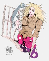 Rule 34 | 1girl, blonde hair, disembodied hand, fusion, highres, jail house lock (stand), jojo no kimyou na bouken, kyou8234, lipstick, long hair, makeup, messy hair, miniskirt, miuccia miuller, pantyhose, prison cell, punching, skirt, skirt over leggings, solo, solo focus, stand (jojo), stone free, stone ocean