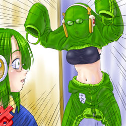 Rule 34 | 1boy, 1girl, brother and sister, clothes lift, glasses, green eyes, green hair, hair ornament, hairband, homeko, homeo, indoors, jacket, midriff, navel, os-tan, pantsman, shirt lift, siblings, sports bra, surprised, tank top, track jacket, track suit, what, wide-eyed, xp home-tan, xphome, xpmc, you&#039;re doing it wrong, zipper
