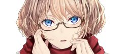 Rule 34 | 1girl, alice margatroid, bespectacled, blonde hair, blue eyes, brown-framed eyewear, close-up, eyelashes, fingernails, glasses, hair between eyes, highres, lips, looking at viewer, nabeshima tetsuhiro, open mouth, parted lips, red scarf, scarf, short hair, simple background, solo, touhou, white background