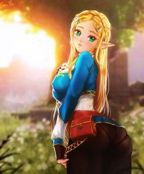 Rule 34 | 1girl, ass, blonde hair, blue top, blush, braid, breasts, covered erect nipples, esther shen, fingerless gloves, gloves, green eyes, hair ornament, huge ass, large breasts, lips, long hair, nintendo, pants, pantylines, pointy ears, princess zelda, solo, standing, the legend of zelda, the legend of zelda: breath of the wild, thighs