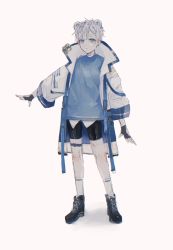 Rule 34 | 1boy, animal ears, black footwear, black shorts, blue eyes, blue shirt, boots, child, closed mouth, coat, commentary request, fingerless gloves, full body, gloves, hair between eyes, highres, jacket, kauri097, looking at viewer, male focus, original, shirt, shoes, short hair, shorts, simple background, socks, solo, standing, white background, white hair