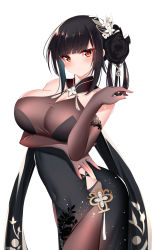 Rule 34 | 1girl, absurdres, azur lane, bare shoulders, black dress, black hair, blush, breasts, catnnn, chen hai (azur lane), chen hai (vestibule of wonders) (azur lane), china dress, chinese clothes, cleavage, dress, gloves, hair ornament, highres, large breasts, looking at viewer, official alternate costume, solo, taut clothes