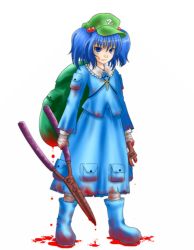 Rule 34 | 1girl, backpack, bag, blood, blue eyes, blue hair, crazy, female focus, five-seven (0verlimits), full body, hair bobbles, hair ornament, hat, hedge trimmer, kawashiro nitori, key, matching hair/eyes, randoseru, short hair, solo, touhou, twintails, two side up, white background, wrench