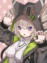 Rule 34 | 1girl, animal ears, black jacket, blonde hair, blue eyes, bodysuit, claw pose, drill hair, fake animal ears, highres, hood, hooded jacket, jacket, kouzuki 1103, long sleeves, open mouth, polka dot, polka dot background, shiro (tower of fantasy), solo, tower of fantasy, twin drills, white bodysuit