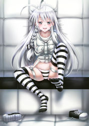 Rule 34 | 1girl, :d, ahoge, arkfield, blush, bound, bound arms, braid, commission, feet, grey eyes, hair ribbon, highres, huge ahoge, long hair, looking at viewer, open mouth, original, padded walls, panties, ribbon, shoes, sitting, smile, solo, straitjacket, striped clothes, striped panties, striped thighhighs, thighhighs, underwear, unworn shoes, white hair