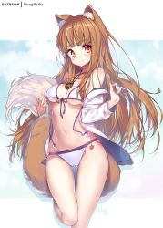 Rule 34 | 1girl, animal ear fluff, animal ears, apple, bare shoulders, bikini, brown hair, brown tail, commentary request, cowboy shot, food, fruit, holo, hong (white spider), jewelry, long hair, long tail, looking at viewer, navel, necklace, red eyes, smile, solo, spice and wolf, swimsuit, tail, white bikini, white tail, wolf ears, wolf tail