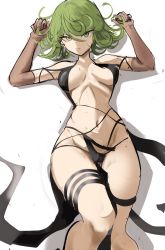 Rule 34 | 1girl, alternate breast size, arms up, bad id, bad twitter id, bare shoulders, black dress, breasts, cameltoe, closed mouth, commentary, disdain, dress, elbow gloves, flipped hair, gloves, green eyes, green hair, groin, highres, looking at viewer, navel, no bra, one-punch man, pelvic curtain, rakeemspoon, short hair, simple background, sketch, solo, tatsumaki, thigh gap, thighs, torn clothes, torn dress