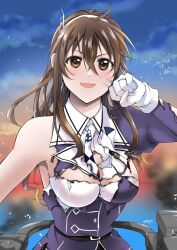 Rule 34 | 1girl, ashigara (kancolle), ashigara kai ni (kancolle), blush, breasts, brown eyes, brown hair, burnt clothes, cannon, gloves, hair between eyes, hairband, highres, jacket, kantai collection, large breasts, long hair, long sleeves, looking at viewer, machinery, military, military uniform, ocean, open mouth, rigging, skirt, smile, solo, sunset, torn clothes, turret, uniform, wakakohime moe, water, white gloves, white hairband