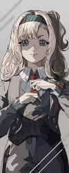 Rule 34 | 1girl, absurdres, adjusting clothes, adjusting necktie, black pants, blonde hair, blue eyes, blue hairband, closed mouth, collared shirt, commentary request, cowboy shot, freckles, grey hair, grey shirt, hairband, highres, ligne claire, long hair, long sleeves, looking at viewer, matilda bouanich, natsugu72, necktie, one side up, pants, red necktie, reverse:1999, school uniform, shirt, simple background, smile, solo, sparkle, sparkling eyes, vest