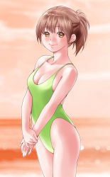 Rule 34 | 1girl, absurdres, breasts, brown eyes, brown hair, casual one-piece swimsuit, cleavage, commentary request, cowboy shot, green one-piece swimsuit, highres, lips, looking at viewer, macosee, medium breasts, one-piece swimsuit, orange background, original, ponytail, short hair, solo, standing, swimsuit, v arms