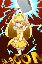 Rule 34 | 10s, 1girl, bike shorts, blonde hair, choker, cure peace, dress, electricity, hammer, kise yayoi, long hair, magical girl, mjolnir (marvel), precure, shorts, shorts under skirt, smile precure!, solo, umazetto, v, yellow dress, yellow eyes