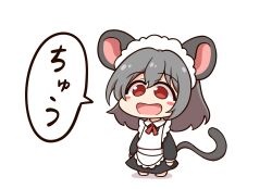 Rule 34 | 1girl, animal ears, apron, black dress, blush stickers, chibi, chibi only, dress, full body, grey hair, highres, maid, maid apron, maid headdress, mouse ears, mouse girl, mouse tail, nazrin, open mouth, red eyes, shitacemayo, smile, solo, tail, touhou, translated