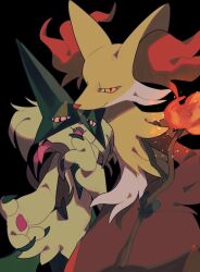 Rule 34 | black background, claws, creatures (company), delphox, fangs, fire, furry, game freak, gen 6 pokemon, highres, looking at viewer, mask, meowscarada, nintendo, no humans, orange eyes, pawpads, pink eyes, pokemon, smile, stick, v (govvvvw)