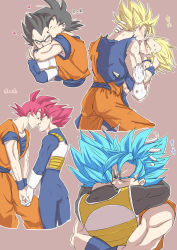 Rule 34 | 2boys, armor, bara, black bodysuit, black hair, blonde hair, blue bodysuit, blue hair, blush, bodysuit, chest armor, closed mouth, couple, dragon ball, dragon ball super, dragonball z, eye contact, closed eyes, french kiss, fuoore (fore0042), gloves, heart, highres, holding hands, hug, kiss, looking at another, male focus, multiple boys, muscular, muscular male, open mouth, red eyes, red hair, saiyan, saiyan armor, saliva, saliva trail, short hair, son goku, spiked hair, super saiyan, super saiyan 1, super saiyan blue, super saiyan god, tongue, tongue out, torn clothes, translation request, vegeta, white gloves, yaoi
