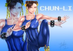 Rule 34 | 1990s (style), 1girl, abs, alternate costume, bad id, bad pixiv id, breasts, brown eyes, brown hair, cameltoe, capcom, chun-li, double bun, covered erect nipples, erick chong, fighting stance, hair ribbon, large breasts, lips, muscular, ribbon, shoes, short hair, skin tight, solo, standing, standing on one leg, street fighter, street fighter zero (series), studded bracelet, unitard, zoom layer
