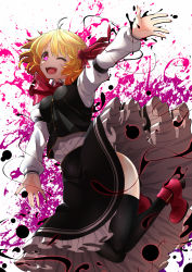 Rule 34 | 1girl, ;d, arm strap, arms up, black legwear, black skirt, black vest, blonde hair, blouse, breasts, darkness, dress shirt, fangs, hair ribbon, highres, hip focus, juliet sleeves, long sleeves, looking at viewer, medium breasts, one eye closed, open mouth, outstretched arms, outstretched hand, petticoat, puffy long sleeves, puffy sleeves, red eyes, red footwear, red ribbon, ribbon, rihito (usazukin), rumia, shirt, shoes, short hair, skirt, skirt set, smile, solo, symbol-shaped pupils, thighs, touhou, upskirt, vest, white shirt, white shirt