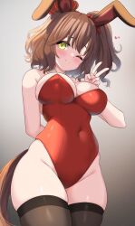 Rule 34 | 1girl, animal ears, aston machan (umamusume), black thighhighs, breasts, brown hair, cleavage, commentary request, cowboy shot, ear covers, gradient background, green eyes, highres, horse ears, horse girl, horse tail, kibihimi, large breasts, leotard, looking at viewer, medium hair, nontraditional playboy bunny, one eye closed, ponytail, red leotard, smile, solo, strapless, strapless leotard, tail, thighhighs, umamusume, v