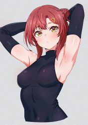 Rule 34 | 1girl, armpits, arms behind head, black bodysuit, black gloves, bodysuit, breasts, commentary request, covered navel, cropped torso, elbow gloves, gloves, grey background, hair ornament, hairclip, highres, kamidan, looking at viewer, medium breasts, original, red hair, short hair, simple background, skin tight, sleeveless, sleeveless turtleneck, solo, turtleneck, upper body, yellow eyes
