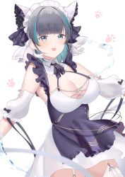 Rule 34 | 1girl, absurdres, animal ears, apron, aqua eyes, aqua hair, azur lane, breasts, cheshire (azur lane), cleavage, cowboy shot, detached sleeves, fake animal ears, frilled hairband, frilled ribbon, frills, hairband, highres, large breasts, long ribbon, looking at viewer, maid headdress, multicolored hair, oxygen mask (oxygenmask233), puffy detached sleeves, puffy sleeves, purple apron, purple hair, ribbon, simple background, solo, streaked hair, two-tone hair, white background