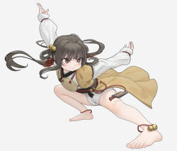 Rule 34 | 1girl, arm up, barefoot, bell, black hair, chinese clothes, closed mouth, commentary request, dress, eyebrows hidden by hair, floating hair, full body, grey background, hair ribbon, hair rings, jingle bell, long hair, long sleeves, looking to the side, obi, original, puffy long sleeves, puffy sleeves, red ribbon, ribbon, sash, short eyebrows, sidelocks, simple background, sleeves past wrists, solo, standing, thick eyebrows, twintails, very long hair, white dress, white ph
