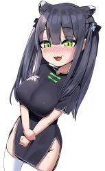 Rule 34 | 1girl, alternate breast size, animal ears, black dress, black hair, blue archive, blush, breasts, china dress, chinese clothes, dress, green eyes, highres, large breasts, long hair, looking at viewer, oppai loli, self-upload, shun (blue archive), shun (small) (blue archive), soruex, thighhighs, twintails, white thighhighs