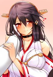 Rule 34 | 10s, 1boy, 1girl, admiral (kancolle), bad id, bad nicoseiga id, bare shoulders, black hair, blush, breasts, choker, collar, detached sleeves, gloves, hair between eyes, hair ornament, hairband, hairclip, hand on another&#039;s cheek, hand on another&#039;s face, hand on another&#039;s head, haruna (kancolle), headgear, heart, heart-shaped lock, heart lock (kantai collection), japanese clothes, jewelry, kantai collection, kikumon, large breasts, long hair, long sleeves, nontraditional miko, remodel (kantai collection), ribbon-trimmed sleeves, ribbon trim, ring, simple background, smile, tsukui kachou, wedding band, white gloves