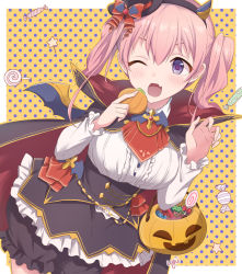Rule 34 | 1girl, ;d, artist name, black cape, black hat, bloomers, breasts, candy, cape, commentary request, food, halloween, hat, hokeki yougu, jack-o&#039;-lantern, large breasts, long sleeves, mini hat, one eye closed, open mouth, pink hair, polka dot, polka dot background, princess connect!, purple eyes, short hair, smile, solo, tsumugi (halloween) (princess connect!), tsumugi (princess connect!), twintails, underwear, yellow background