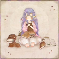 Rule 34 | 1girl, adapted costume, bad id, bad pixiv id, blush, book, hugging book, bookshelf, crescent, crescent hair ornament, female focus, hair ornament, holding, holding book, long hair, mxnxm, hugging object, open mouth, patchouli knowledge, purple hair, sitting, skirt, solo, star (symbol), star hair ornament, sweater, touhou, yellow eyes