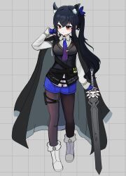 Rule 34 | 1girl, absurdres, alternate hairstyle, animal ear fluff, animal ear piercing, arknights, black coat, black hair, black pantyhose, black vest, blue gloves, blue necktie, blue shorts, blush, breasts, coat, coat on shoulders, collared shirt, fingerless gloves, full body, gloves, grey background, hand up, highres, long hair, medium breasts, myam (ne0524), necktie, official alternate costume, open clothes, open coat, orange eyes, pantyhose, pantyhose under shorts, planted, planted sword, planted weapon, ponytail, shirt, shorts, sidelocks, simple background, solo, standing, sword, texas (arknights), texas the omertosa (arknights), vest, weapon, white shirt