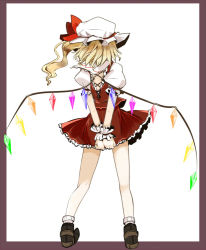 Rule 34 | 1girl, arms behind back, back, blonde hair, blouse, embodiment of scarlet devil, female focus, flandre scarlet, from behind, hat, mob cap, ponytail, shirt, socks, solo, takaharu, touhou, white hat, white shirt, white socks, wings, wrist cuffs