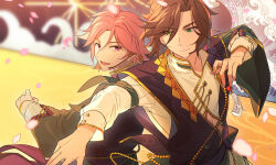 Rule 34 | 2boys, absurdres, asymmetrical sleeves, back-to-back, bishounen, brown hair, closed mouth, crop top, ensemble stars!, falling petals, furisode sleeves, gold trim, green eyes, hands up, highres, light smile, looking at another, looking back, male focus, mikejima madara, mtvu4472, multiple boys, open collar, open mouth, oukawa kohaku, petals, pink hair, pink petals, purple eyes, short hair, side part, sideways glance, single sleeve, tassel, upper body