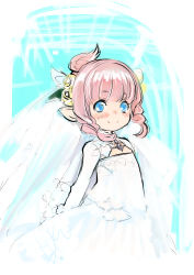 Rule 34 | 10s, 1girl, blue eyes, blush, doraeshi, dress, final fantasy, final fantasy xiv, gradient background, highres, lalafell, looking at viewer, pink hair, pointy ears, solo, wedding dress