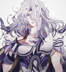 Rule 34 | 1boy, bad id, bad pixiv id, beads, bishounen, cecil harvey, final fantasy, final fantasy iv, hair beads, hair ornament, hand on own chest, long hair, looking at viewer, parted lips, purple eyes, shoulder spikes, silver hair, simple background, solo, spikes, tsukimura noe, upper body