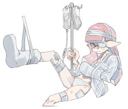 Rule 34 | 1girl, bandages, broken arm, broken leg, cast, closed mouth, cropped legs, eyepatch, highres, inkling, inkling girl, inkling player character, intravenous drip, invisible chair, iv stand, kiwi splatoon, long hair, long pointy ears, medical eyepatch, nintendo, pink eyes, pink hair, pointy ears, shirt, simple background, sitting, solo, splatoon (series), sweat, tears, tentacle hair, white background, white shirt