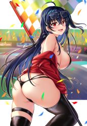 Rule 34 | 1girl, absurdres, ahoge, ass, azur lane, bare shoulders, bikini, black-framed eyewear, black bikini, black thighhighs, blue hair, blush, breasts, butt crack, checkered flag, cokecoco, confetti, eyewear on head, flag, from behind, glasses, hair between eyes, highres, jacket, large breasts, leaning forward, long hair, long sleeves, looking at viewer, looking back, off shoulder, official alternate costume, open clothes, open jacket, outdoors, outside border, racetrack, red eyes, red jacket, sideboob, skindentation, solo, strap gap, swimsuit, taihou (azur lane), taihou (enraptured companion) (azur lane), thigh strap, thighhighs, thong bikini, very long hair