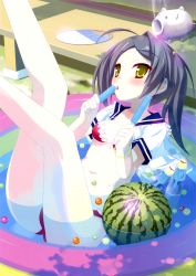 Rule 34 | 1girl, :p, absurdres, ahoge, bikini, black hair, blush, bracelet, breasts, cleavage, hand fan, food, fruit, hair ornament, hairclip, highres, huge filesize, jewelry, kannagi rei, legs up, licking, long hair, lying, navel, original, paper fan, popsicle, red bikini, sailor collar, scan, solo, swimsuit, tongue, tongue out, twintails, uchiwa, wading pool, water, watermelon, yellow eyes