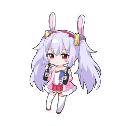 Rule 34 | 1girl, ame., animal ears, azur lane, blush stickers, bottle, camisole, chibi, closed mouth, commentary request, fake animal ears, full body, fur-trimmed jacket, fur-trimmed sleeves, fur trim, grey hair, hair between eyes, hairband, highres, holding, holding bottle, jacket, laffey (azur lane), long hair, long sleeves, off shoulder, open clothes, open jacket, pink jacket, rabbit ears, red eyes, red footwear, red hairband, shoes, solo, standing, thighhighs, twintails, very long hair, white camisole, white thighhighs