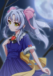 Rule 34 | 1girl, back bow, blue dress, blurry, blurry background, bow, closed mouth, dress, floating hair, grey hair, hair bow, hair intakes, heart, highres, hoshino ruri, kidou senkan nadesico, long hair, moon, night, outdoors, pink bow, pleated dress, red bow, ru-ha, short dress, short sleeves, solo, twintails, very long hair, yellow bow, yellow eyes