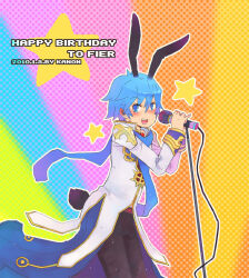 Rule 34 | 1boy, animal ears, blue coat, blue eyes, blue hair, blue scarf, blush, brown pants, coat, commentary, feet out of frame, hair between eyes, high priest (ragnarok online), holding, holding microphone, kanon (rsl), long bangs, long sleeves, looking at viewer, male focus, microphone, microphone stand, open mouth, outline, pants, rabbit boy, rabbit ears, rabbit tail, ragnarok online, rainbow, scarf, short hair, smile, solo, star (symbol), tail, white coat, white outline