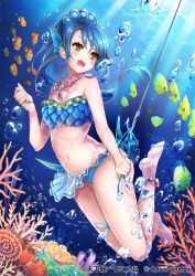Rule 34 | 1girl, air bubble, anklet, annoyed, bare shoulders, barefoot, bikini, blue hair, brown eyes, bubble, clownfish, coral, eyebrows, fins, fish, fishing hook, fishing line, head fins, jewelry, light rays, long hair, navel, necklace, open mouth, sila (carpen), sitting, solo, sunbeam, sunlight, swimsuit, tenka touitsu chronicle, tropical fish, underwater